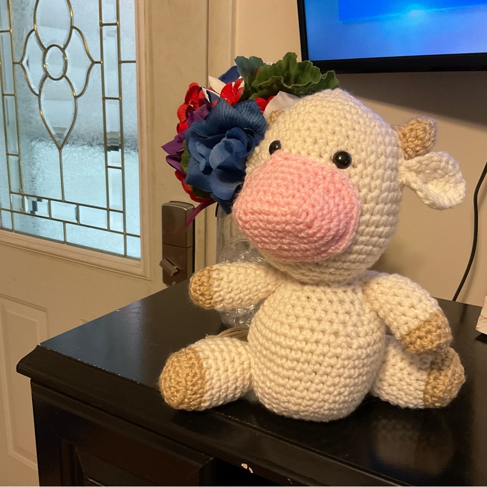 Hand crochet 11” brown and white cow
